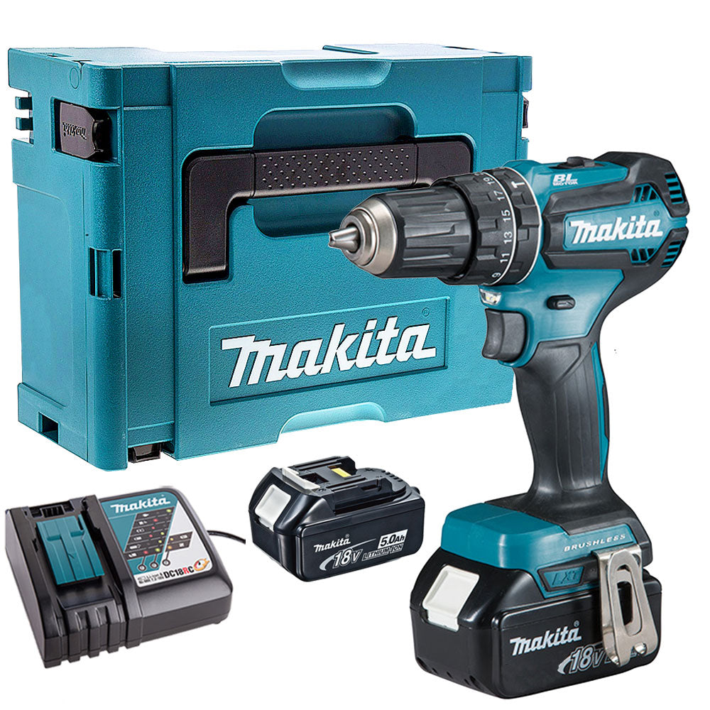 Makita DHP485Z 18V Brushless Combi Drill with 2 x 5.0Ah Batteries &amp; Charger in Case