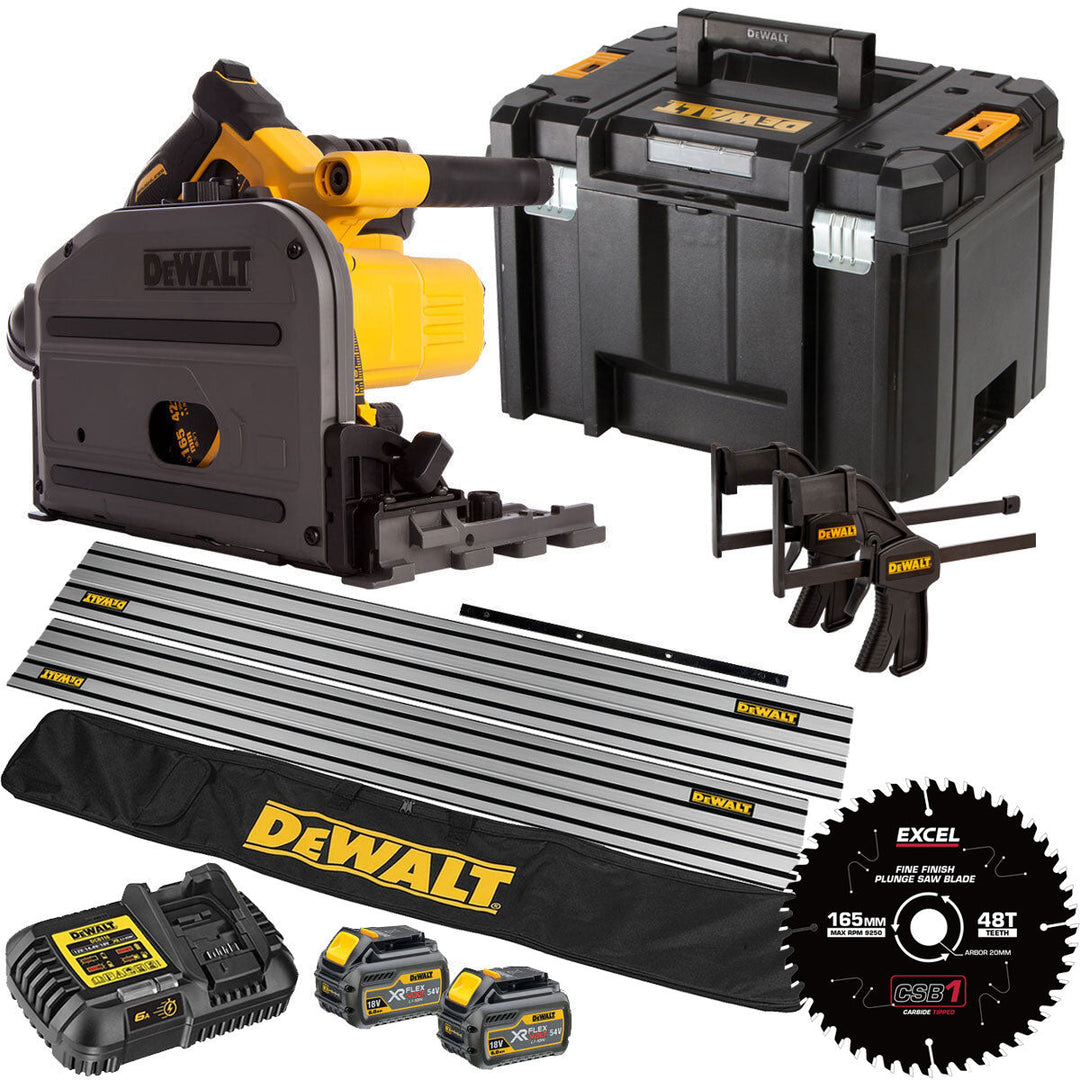 Dewalt DCS520T2 54V Flexvolt Brushless 165mm Plunge Saw 2 x 6.0Ah Battery Charger Case, Accessories with Blade