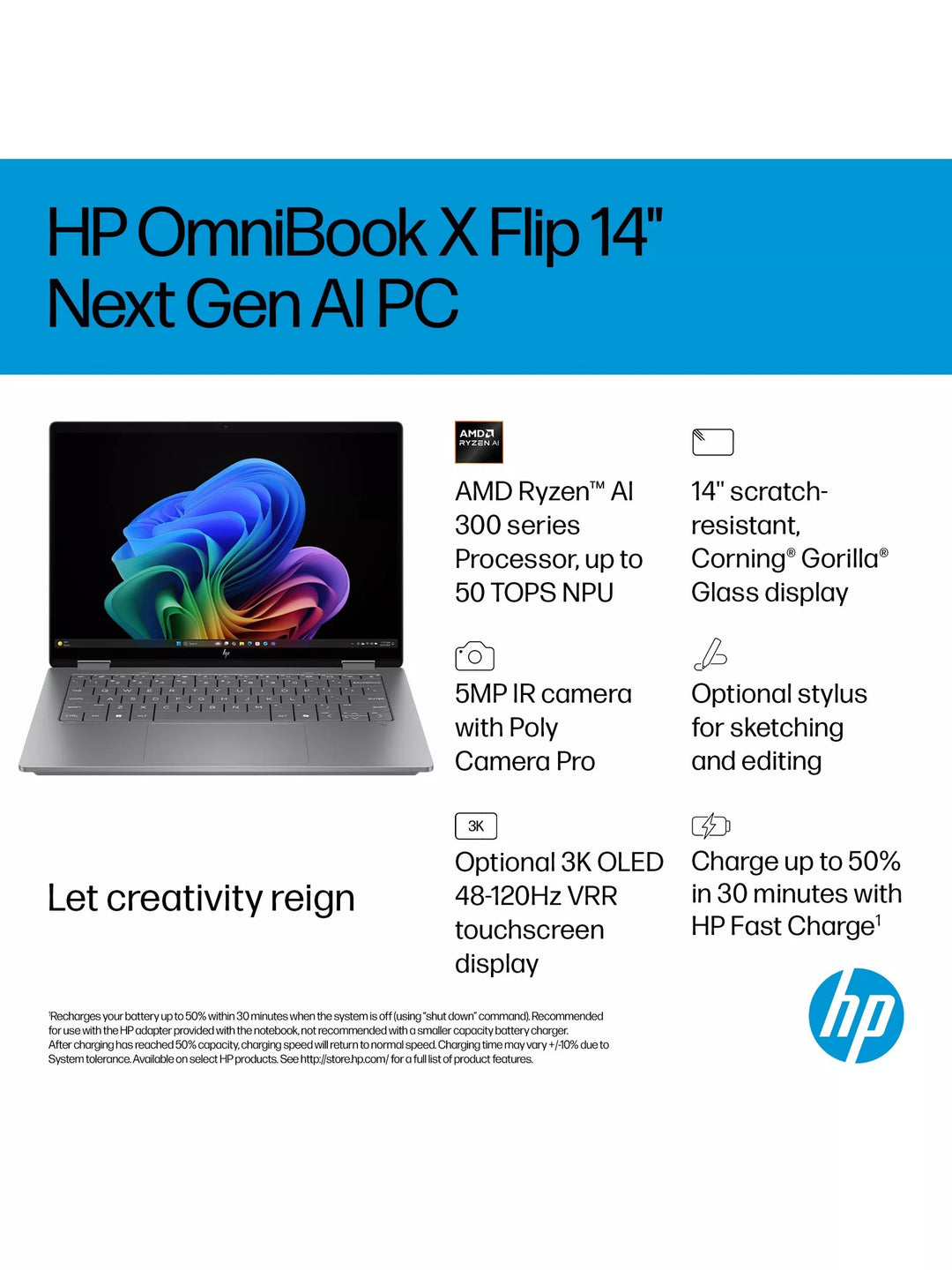 HP OmniBook X Flip 14 Convertible Laptop, AMD Ryzen AI 5 Processor, 16GB RAM, 512GB SSD, 14” 2K Touchscreen, Meteor Silver