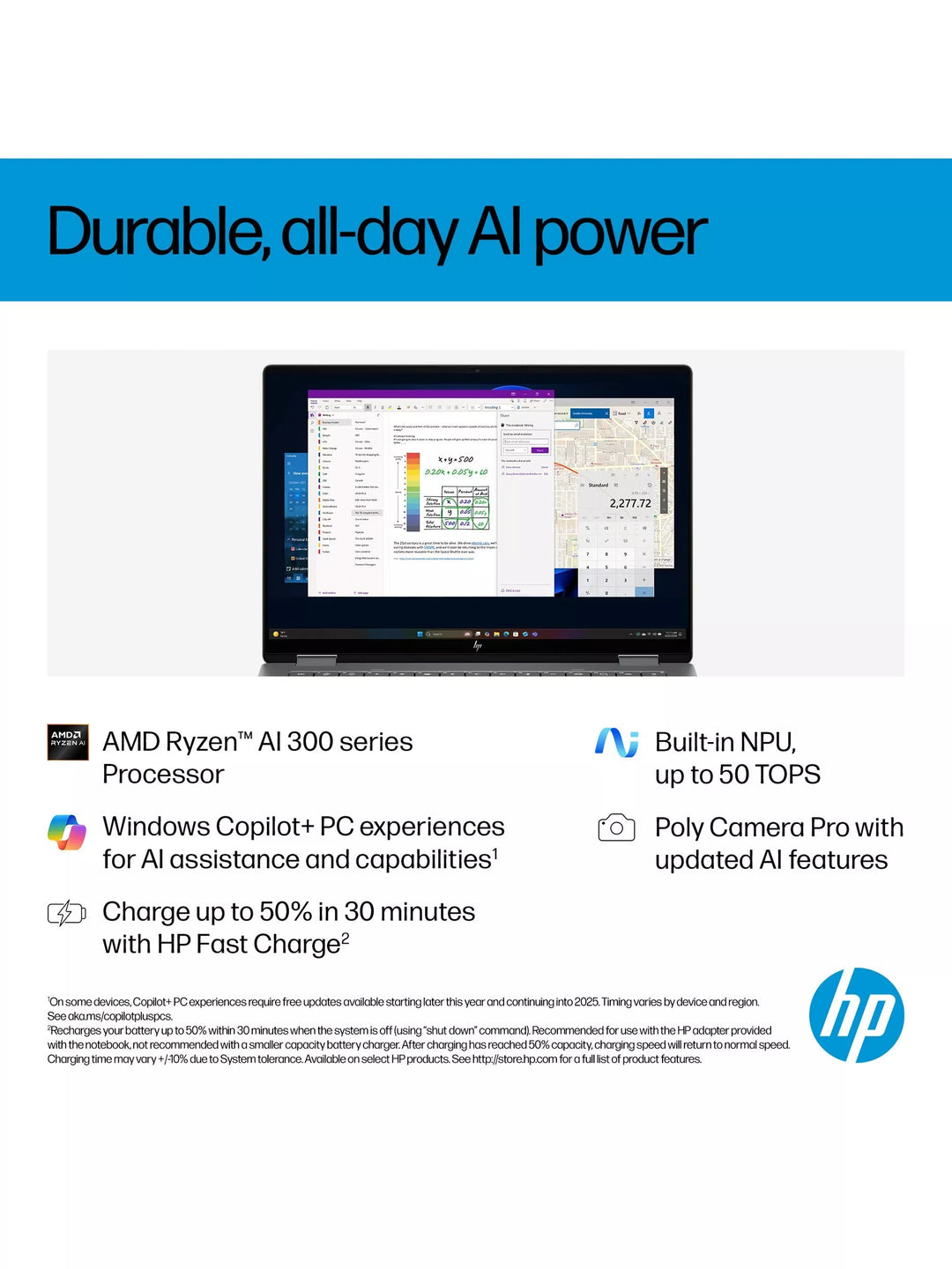 HP OmniBook X Flip 14 Convertible Laptop, AMD Ryzen AI 5 Processor, 16GB RAM, 512GB SSD, 14” 2K Touchscreen, Meteor Silver