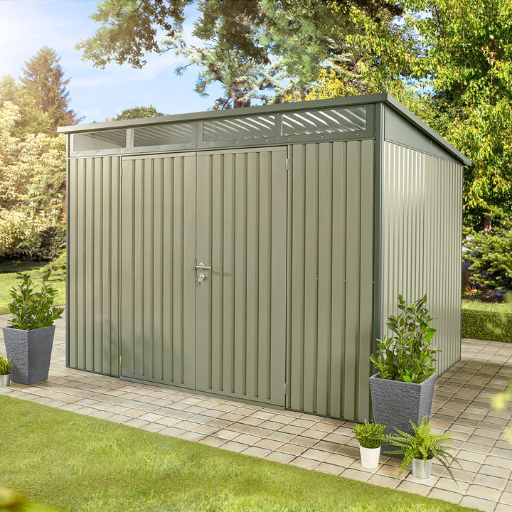 Stone Garden 10ft x 8ft (3m x 2.4m) Large Two Door Steel Shed in Green