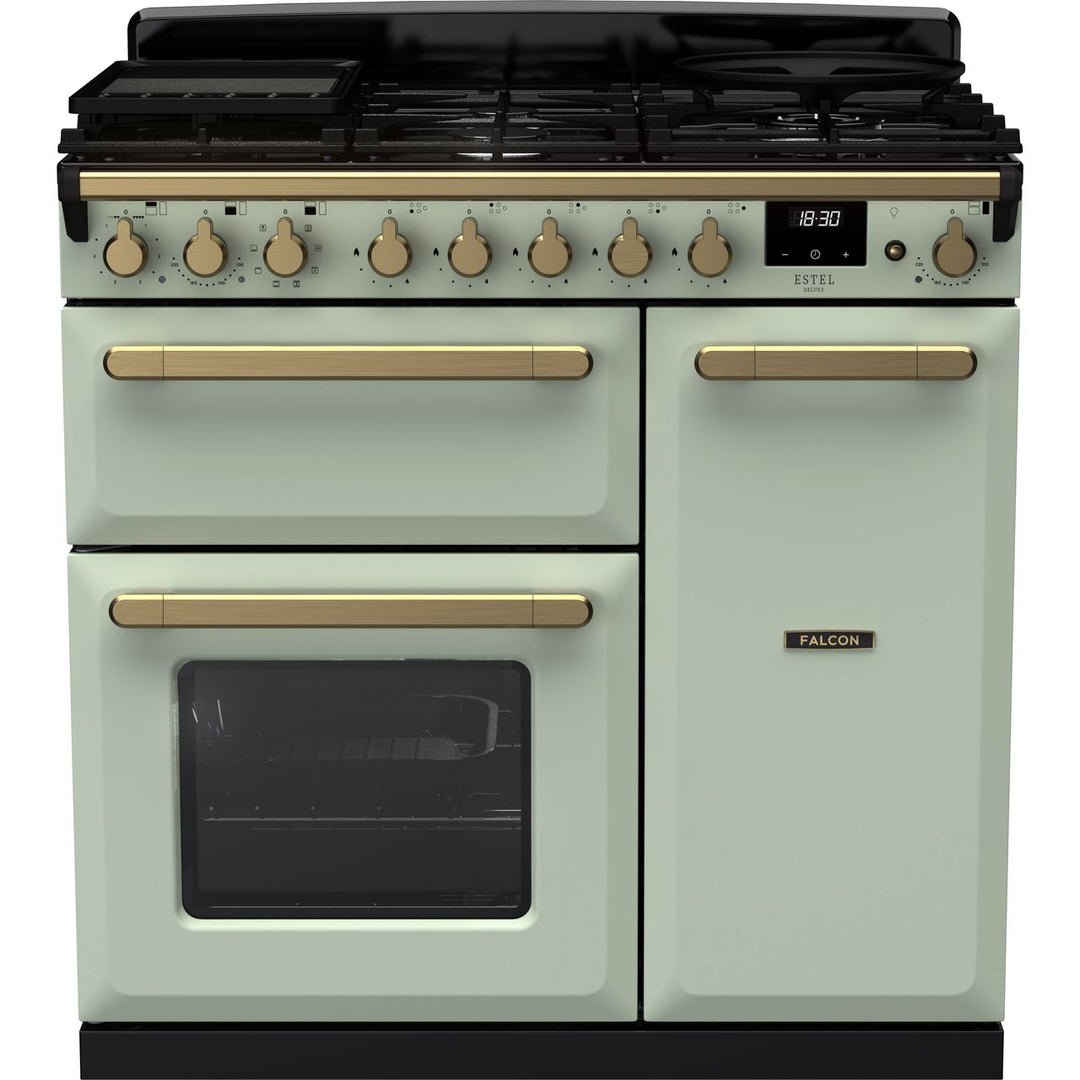 Rangemaster Estel Deluxe ESDL90DFPMNT/AB1 90cm wide Dual Fuel Range Cooker with Gas Hob - Mint / Antique Brass