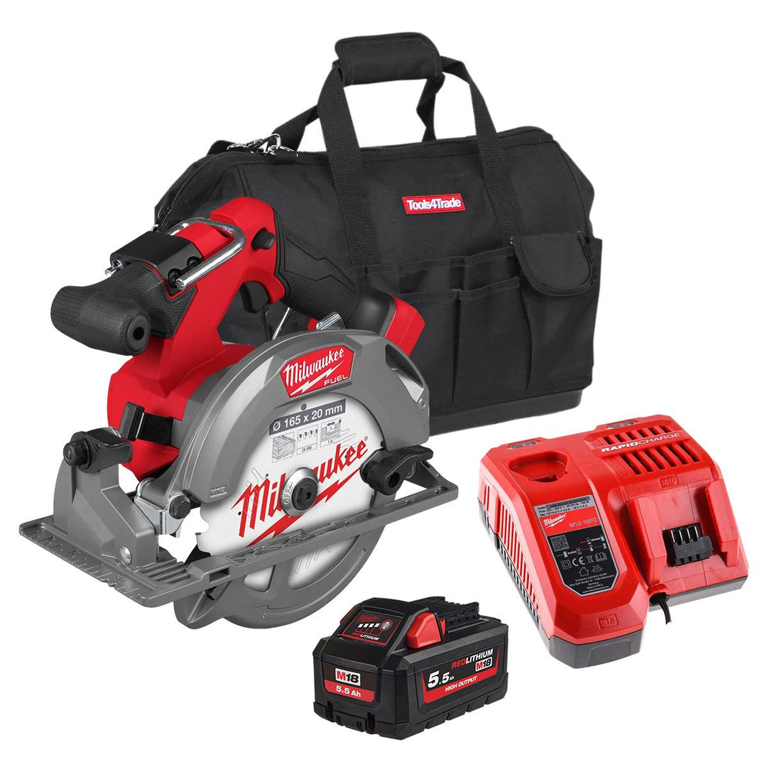 Milwaukee M18FCS552-0 M18 FUEL 18V Brushless 165mm Circular Saw with 1 x 5.5Ah Battery Charger &amp; Bag