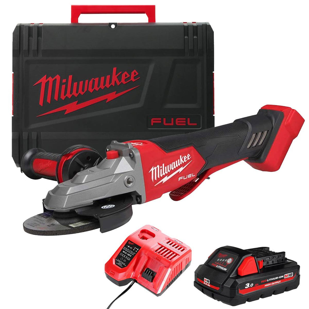 Milwaukee M18FSAGF125XPDB-0X 18V Brushless 125mm Angle Grinder with 1 x 3.0Ah Battery Charger & Case