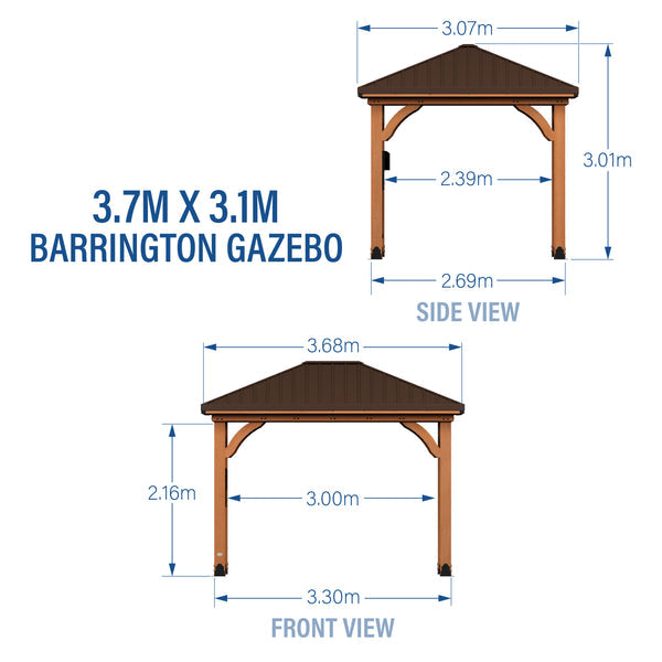 Backyard Discovery Barrington Gazebo 3.7 × 3.0 m – Cedar Wood Frame, Heavy-Duty Galvanised Steel Hip Roof, PowerPort™ (2 Outlets, USB, USB-C), Pro-Tect™ Tested, 5-Year Warranty