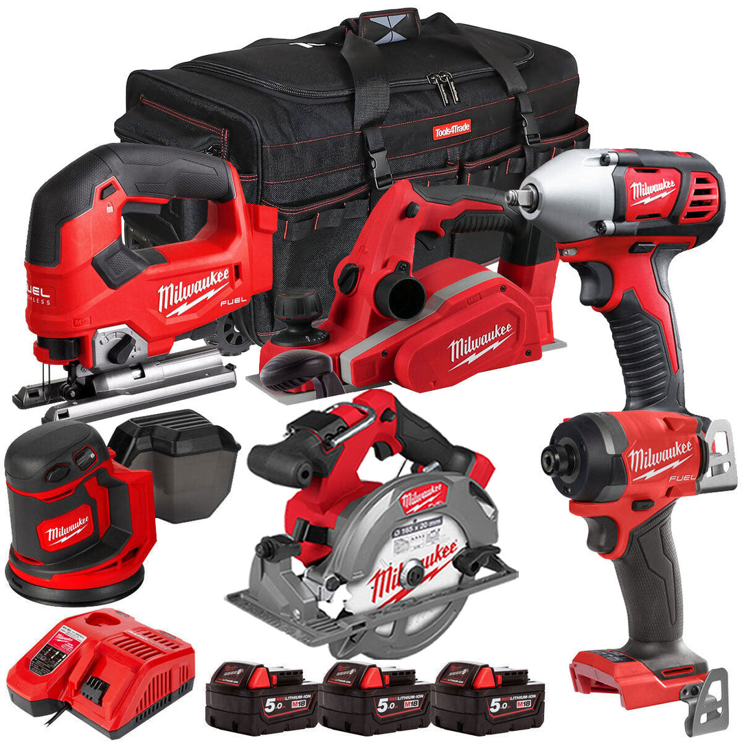 Milwaukee 18V Cordless 6 Piece Tool Kit with 3 x 5.0Ah Batteries & Smart Charger in Bag
