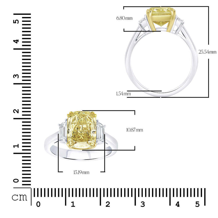 4.56ctw Cushion Cut Fancy Intense Yellow Three Stone Diamond Ring, Platinum