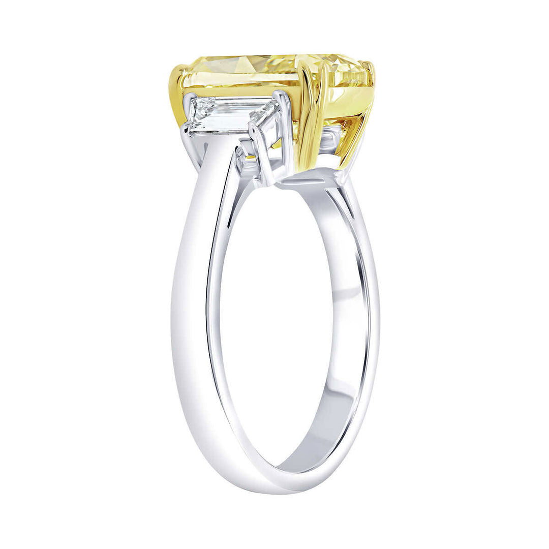 4.56ctw Cushion Cut Fancy Intense Yellow Three Stone Diamond Ring, Platinum