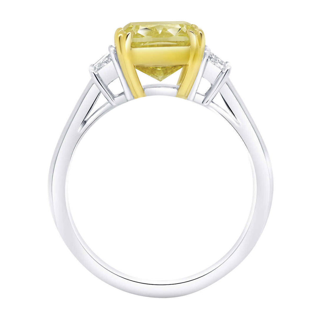 4.56ctw Cushion Cut Fancy Intense Yellow Three Stone Diamond Ring, Platinum