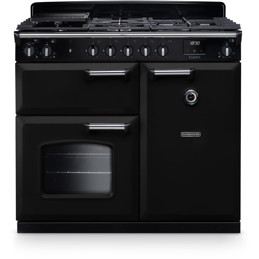 Rangemaster Classic CL100DFPGBL/CM1 100cm wide Dual Fuel Range Cooker with Gas Hob - Black / Chrome