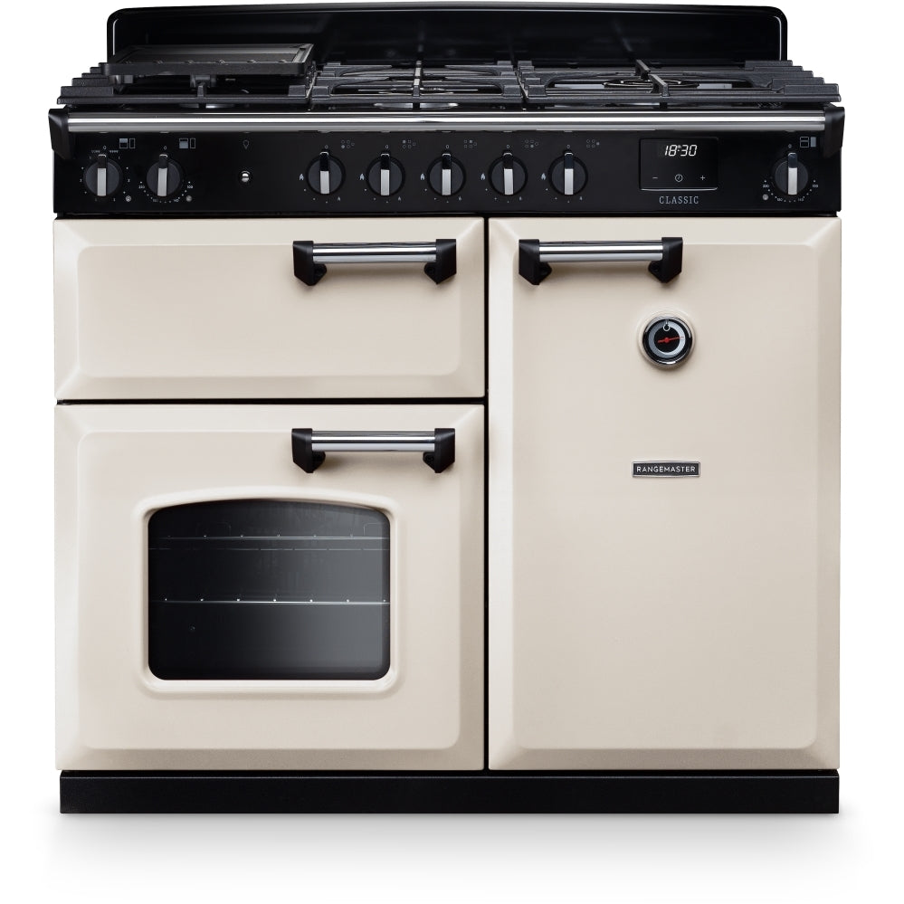 Rangemaster Classic CL100DFPPCR/CM1 100cm wide Dual Fuel Range Cooker with Gas Hob - Pale Cream / Chrome