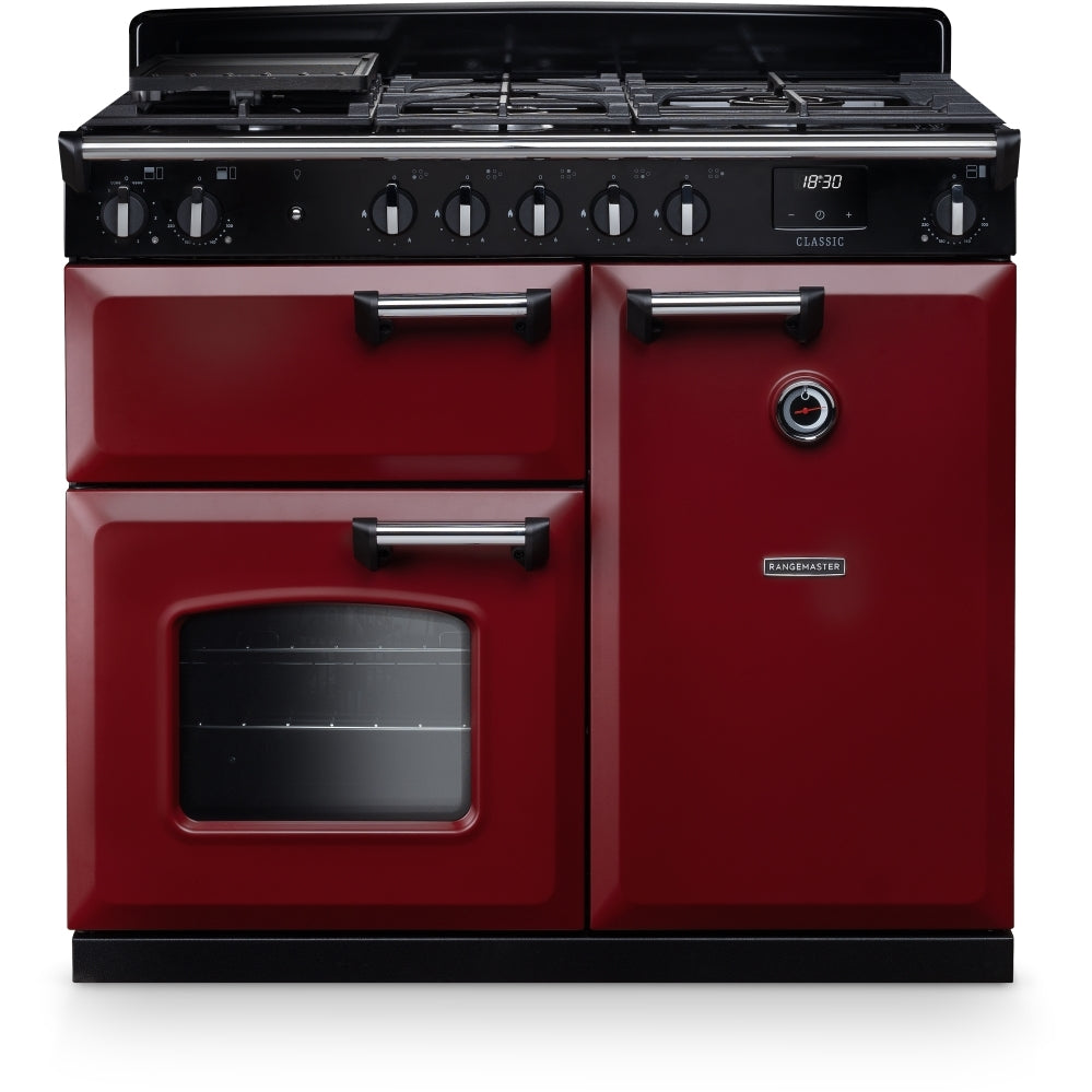 Rangemaster Classic CL100DFPBOR/CM1 100cm wide Dual Fuel Range Cooker with Gas Hob - Bordeaux / Chrome