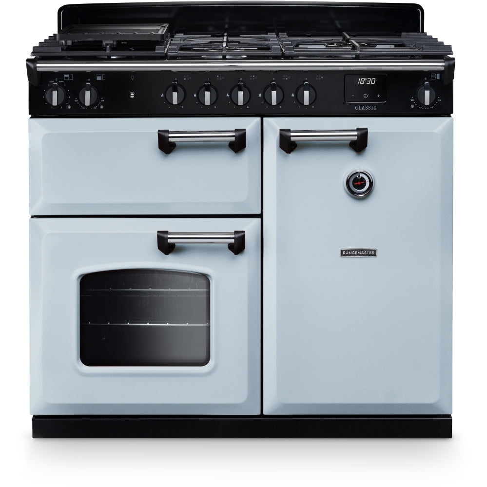 Rangemaster Classic CL100DFPMSB/CM1 100cm wide Dual Fuel Range Cooker with Gas Hob - Misty Blue / Chrome