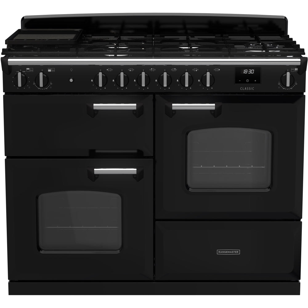 Rangemaster Classic OC CLO110DFPGBL/CM1 110cm wide Dual Fuel Range Cooker with Gas Hob - Black / Chrome