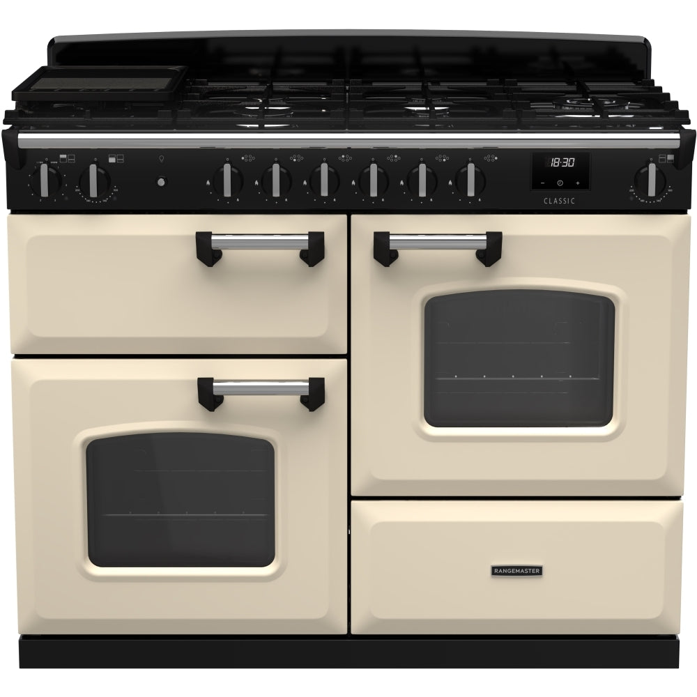 Rangemaster Classic OC CLO110DFPPCR/CM1 110cm wide Dual Fuel Range Cooker with Gas Hob - Cream / Chrome