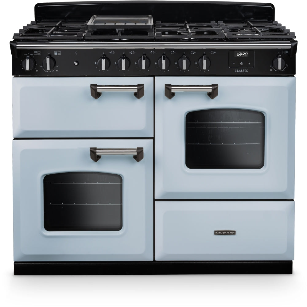 Rangemaster Classic OC CLO110DFPMSB/CM1 110cm wide Dual Fuel Range Cooker with Gas Hob - Misty Blue / Chrome