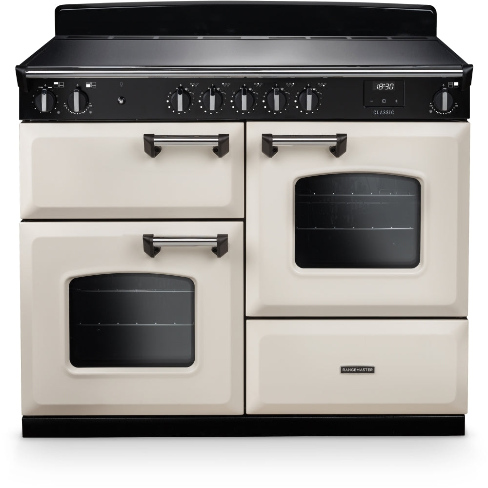Rangemaster Classic OC CLO110EIPPCR/CM1 110cm wide Electric Range Cooker with Zone induction hob Hob - Cream / Antique Brass