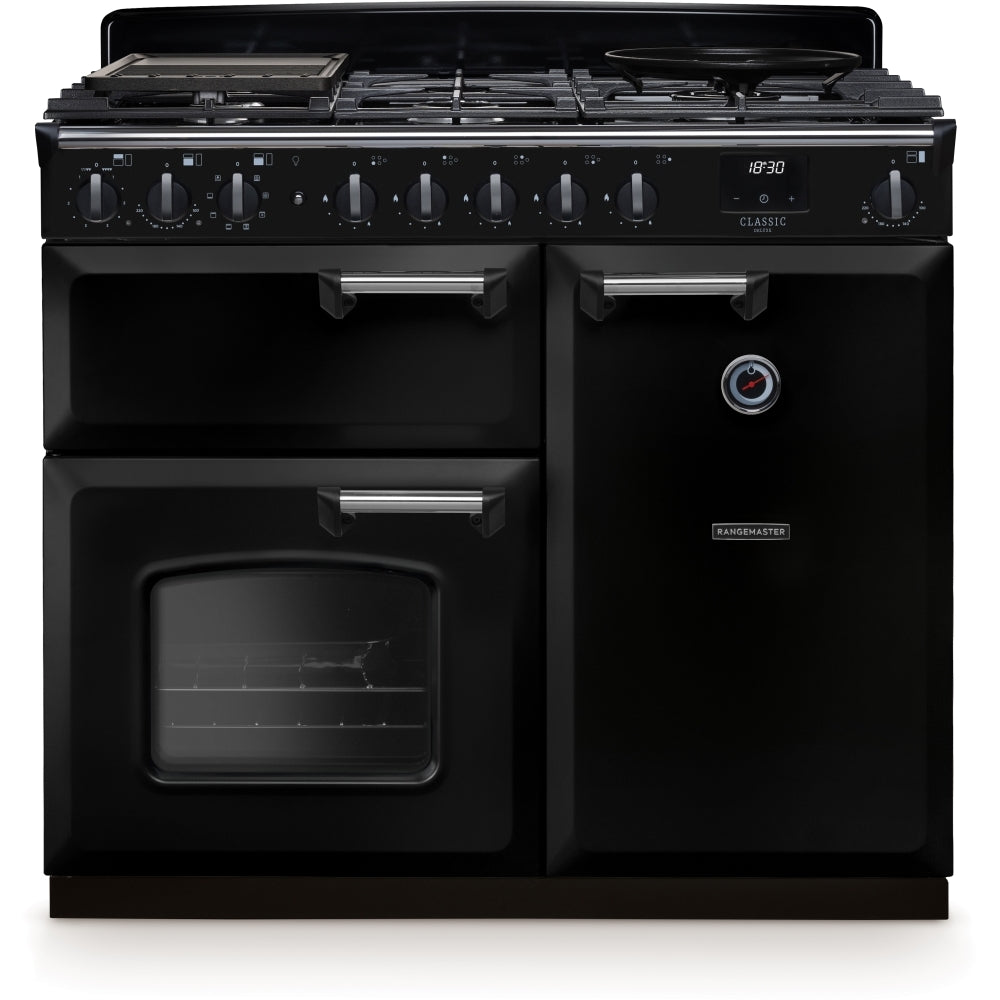 Rangemaster Classic Deluxe 100 Dual Fuel CLDL100DFPGBL/CM1 100cm wide Dual Fuel Range Cooker with Gas Hob - Black / Chrome