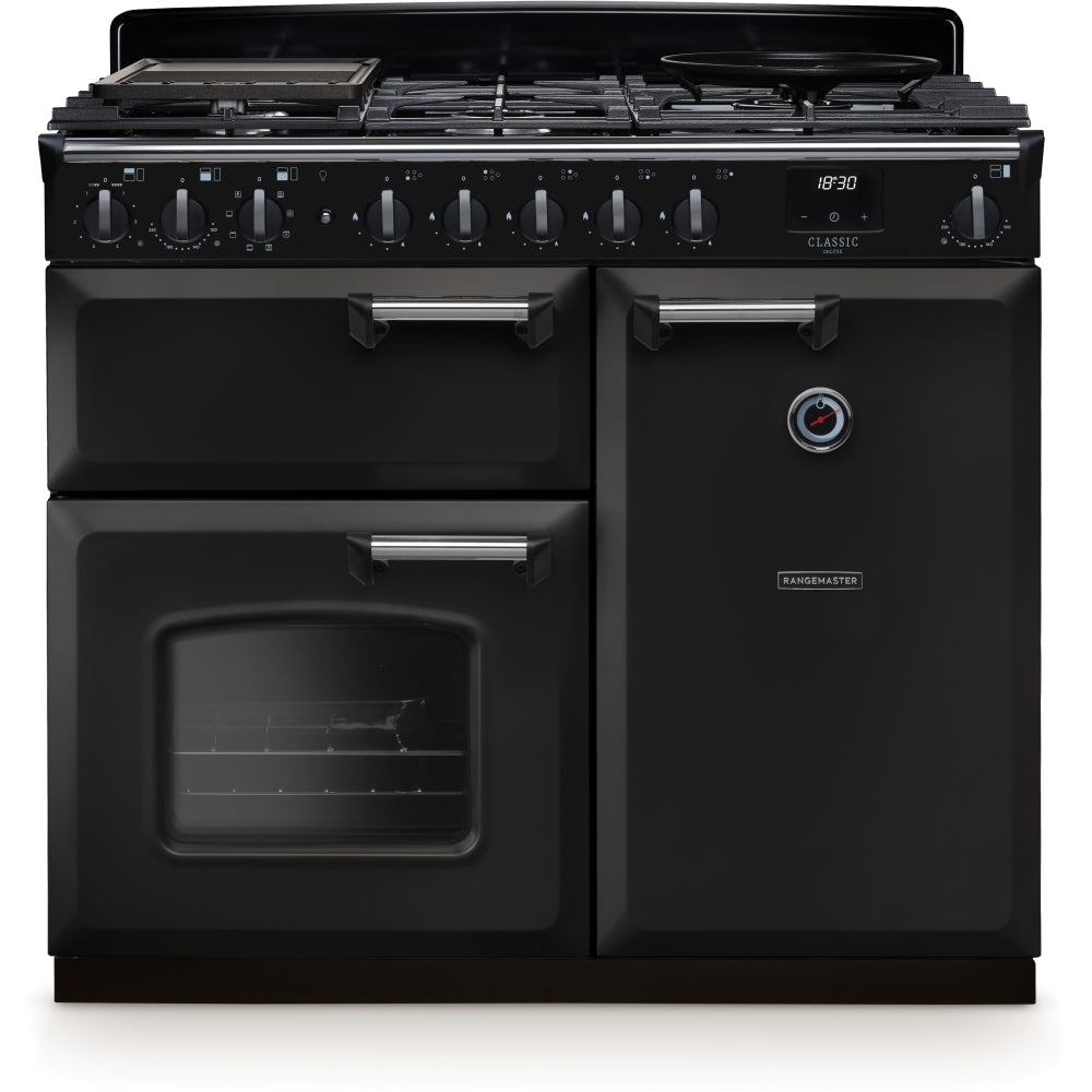 Rangemaster Classic Deluxe 100 Dual Fuel CLDL100DFPCBL/CM1 100cm wide Dual Fuel Range Cooker with Gas Hob - Charcoal Black / Chrome