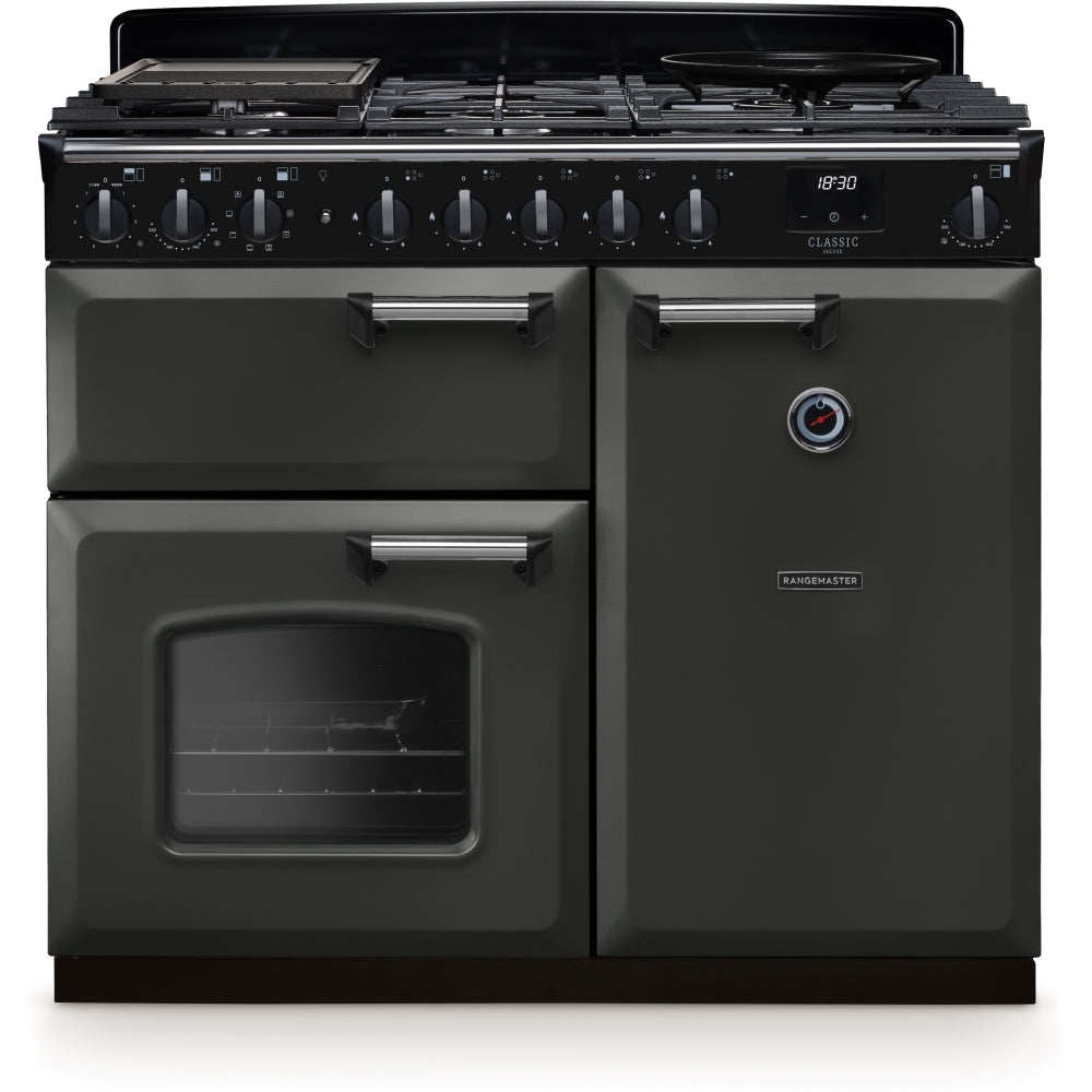 Rangemaster Classic Deluxe 100 Dual Fuel CLDL100DFPSLT/CM1 100cm wide Dual Fuel Range Cooker with Gas Hob - Slate / Chrome
