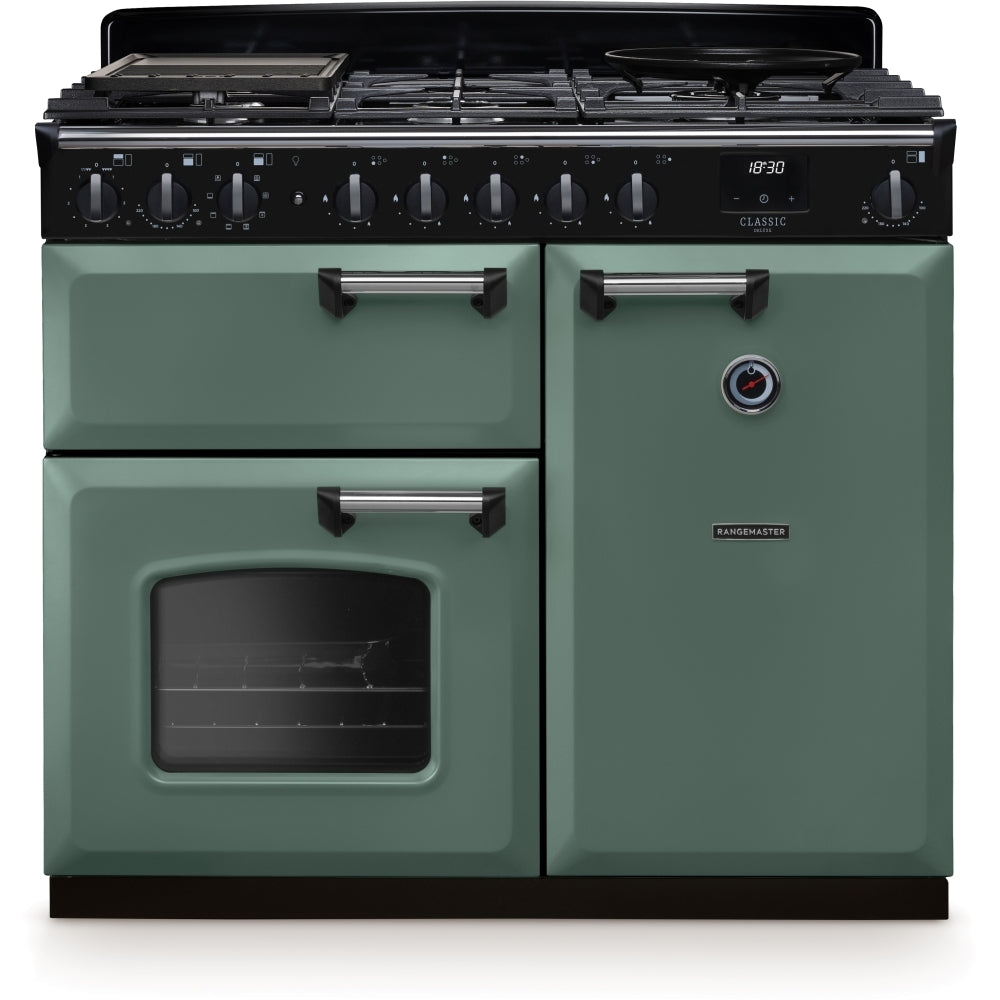Rangemaster Classic Deluxe 100 Dual Fuel CLDL100DFPMGR/CM1 100cm wide Dual Fuel Range Cooker with Gas Hob - Mineral Green / Chrome