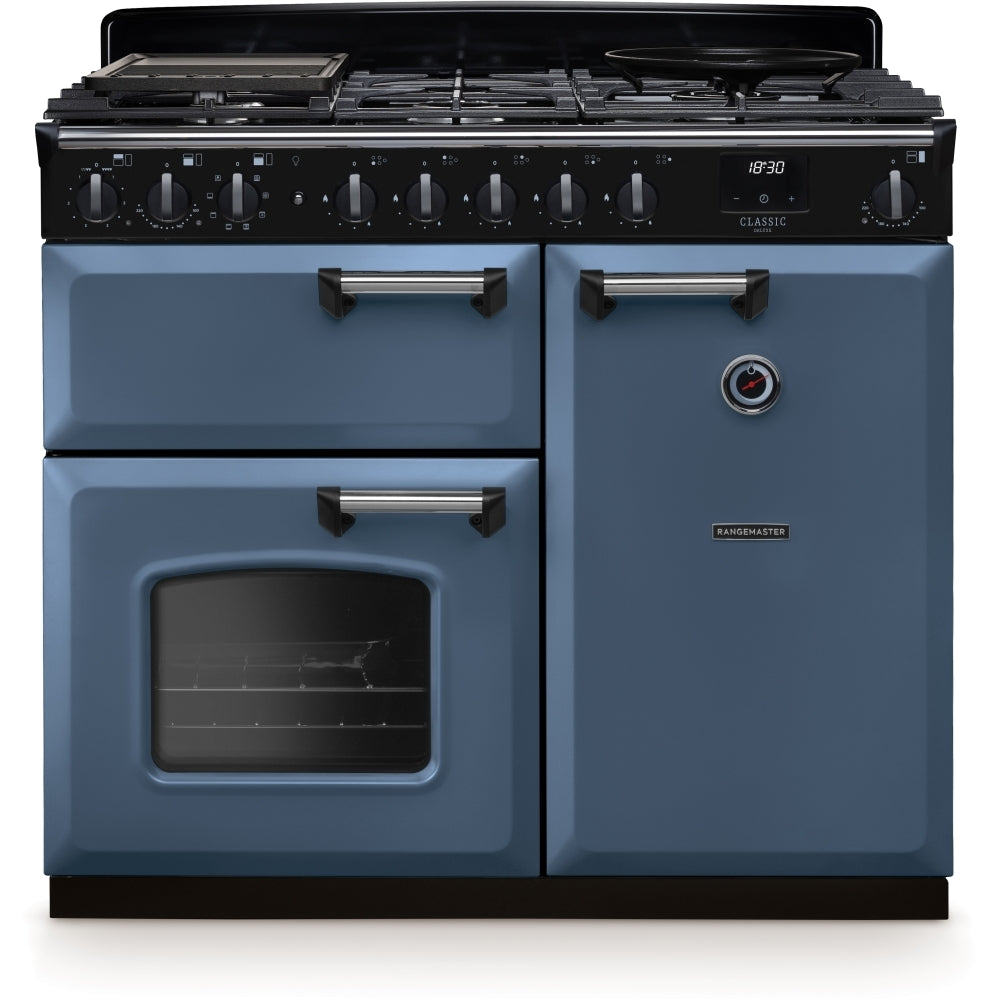 Rangemaster Classic Deluxe 100 Dual Fuel CLDL100DFPSTB/CM1 100cm wide Dual Fuel Range Cooker with Gas Hob - Stone Blue / Chrome
