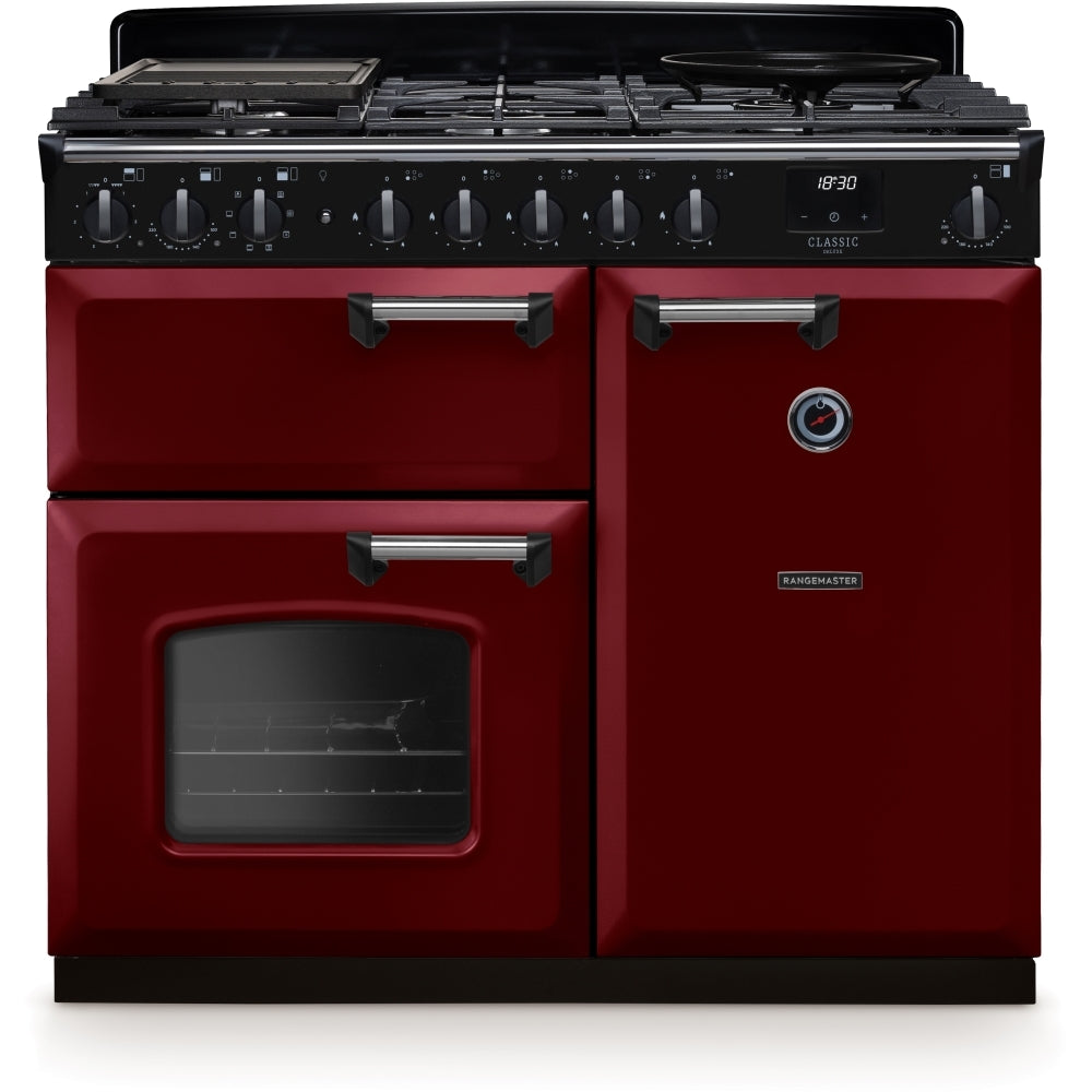 Rangemaster Classic Deluxe 100 Dual Fuel CLDL100DFPBOR/CM1 100cm wide Dual Fuel Range Cooker with Gas Hob - Bordeaux / Chrome