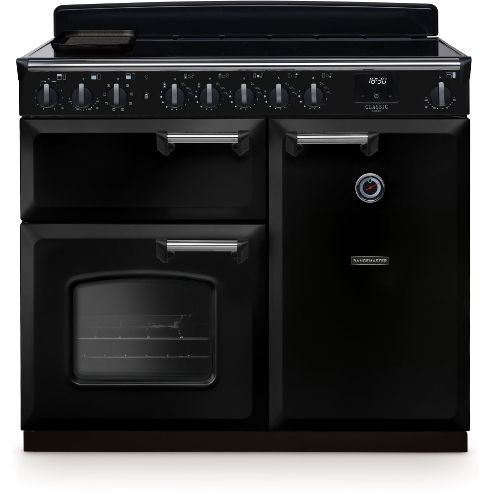 Rangemaster Classic Deluxe CLDL100EIPGBL/CM1 100cm wide Electric Range Cooker with Induction Hob - Black / Chrome
