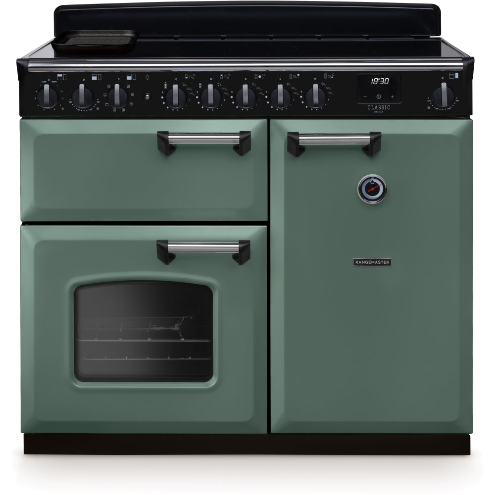 Rangemaster Classic Deluxe CLDL100EIPMGR/CM1 100cm wide Electric Range Cooker with Induction Hob - Mineral Green / Chrome