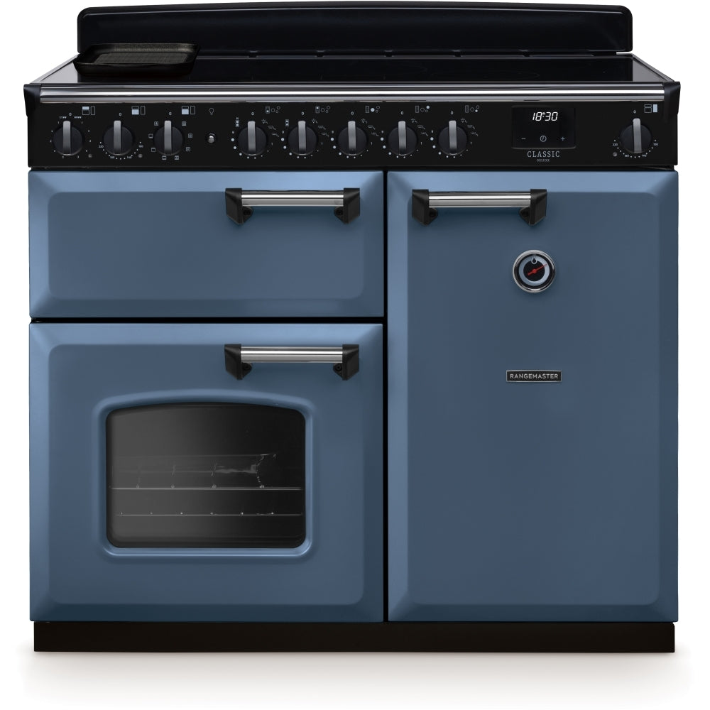 Rangemaster Classic Deluxe CLDL100EIPSTB/CM1 100cm wide Electric Range Cooker with Induction Hob - Stone Blue / Chrome
