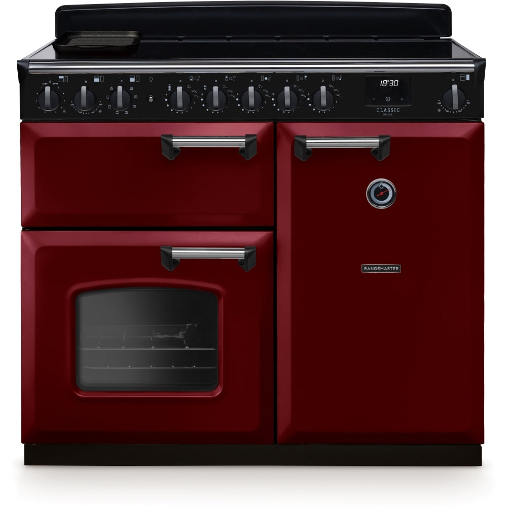Rangemaster Classic Deluxe CLDL100EIPBOR/CM1 100cm wide Electric Range Cooker with Induction Hob - Bordeaux / Chrome