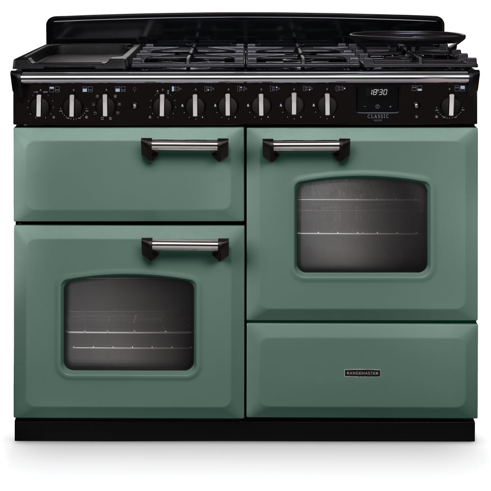 Rangemaster Classic Deluxe 110 CLDLO110DFPMGR/CM1 110cm wide Dual Fuel Range Cooker with Gas Hob - Green / Chrome