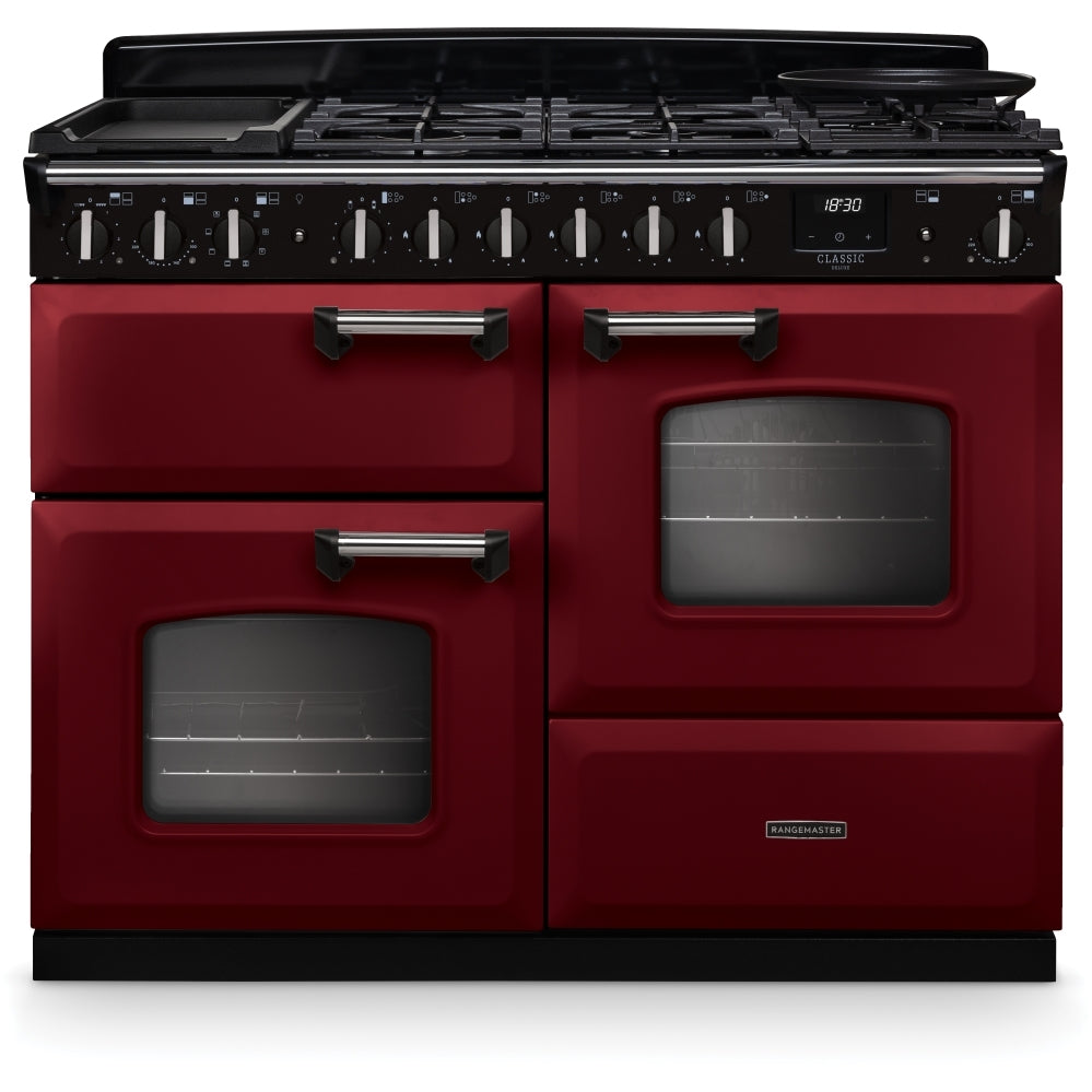 Rangemaster Classic Deluxe 110 CLDLO110DFPBOR/CM1 110cm wide Dual Fuel Range Cooker with Gas Hob - Bordeaux / Chrome