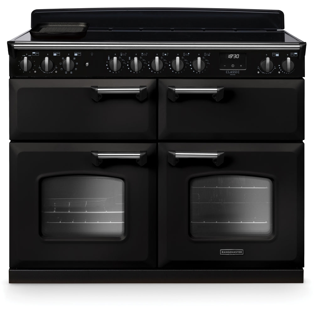 Rangemaster Classic Deluxe BC CLDLB110EIPCBL/CM1 110cm wide Electric Range Cooker with Induction Hob - Charcoal Black / Chrome