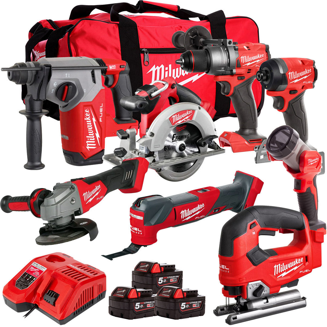 Milwaukee 18V Cordless 8 Piece Tool Kit with 3 x 5.0Ah Batteries & Charger in Bag T4TM-2