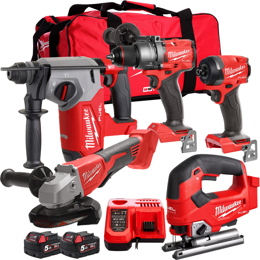 Milwaukee 18V Cordless 5 Piece Tool Kit with 2 x 5.0Ah Batteries & Charger in Bag T4TM-14