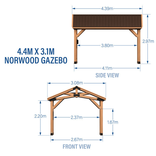 Backyard Discovery Norwood Gazebo 4.3 × 3.0 m | Cedar Wood Frame, Galvanised Steel Peak Roof, Pro-Tect™ Tested, PowerPort™, Pre-Stained, Easy Assembly, 5-Year Warranty