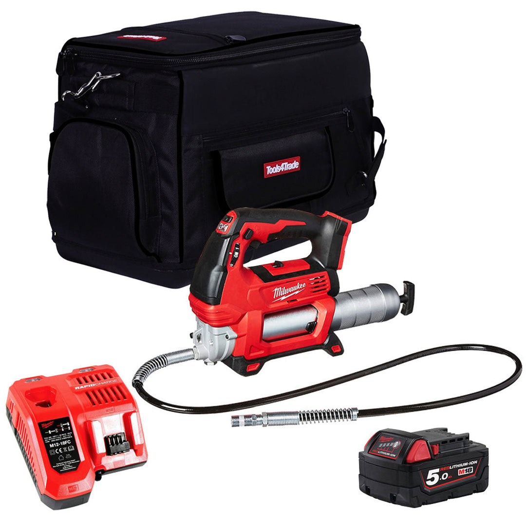 Milwaukee M18GG-0 18V Cordless Grease Gun 1 x 5.0Ah Battery Charger & Tool Bag