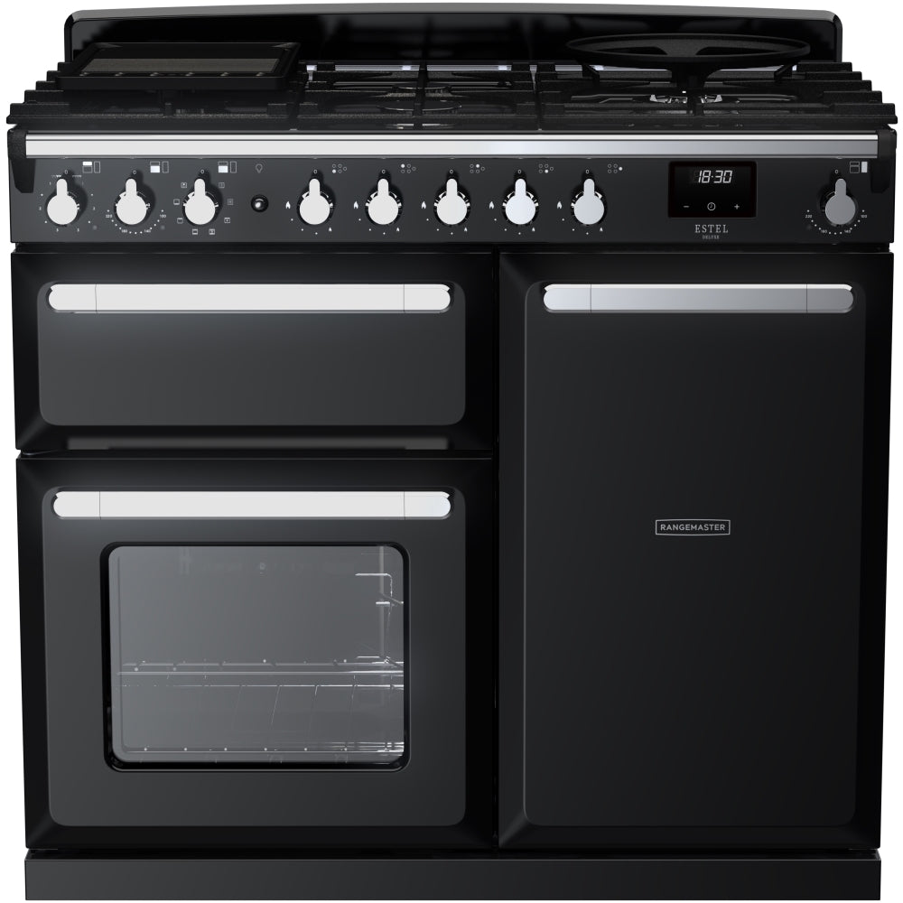 Rangemaster Estel Deluxe ESDL100DFPGBL/CM1 100cm wide Dual Fuel Range Cooker with Gas Hob - Black / Chrome