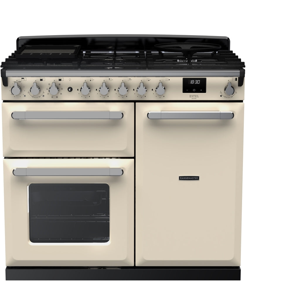 Rangemaster Estel Deluxe ESDL100DFPPCR/CM1 100cm wide Dual Fuel Range Cooker with Gas Hob - Cream / Brass