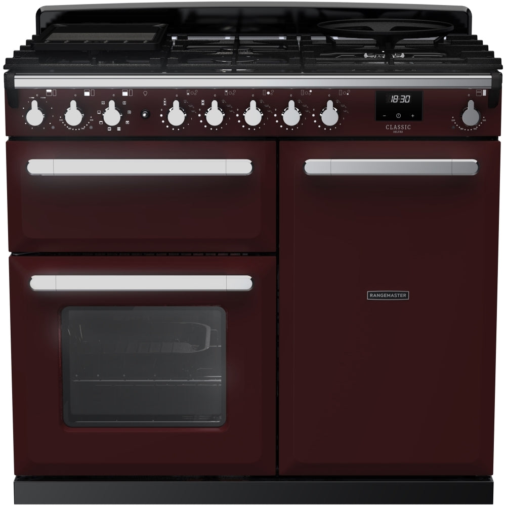 Rangemaster Estel Deluxe ESDL100DFPBOR/CM1 100cm wide Dual Fuel Range Cooker with Gas Hob - Bordeaux / Chrome