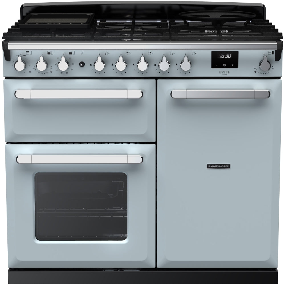 Rangemaster Estel Deluxe ESDL100DFPMSB/CM1 100cm wide Dual Fuel Range Cooker with Gas Hob - Misty Blue / Chrome