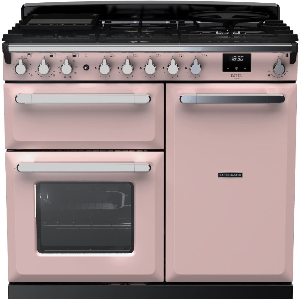 Rangemaster Estel Deluxe ESDL100DFPPPK/CM1 100cm wide Dual Fuel Range Cooker with Gas Hob - Pale Pink / Chrome