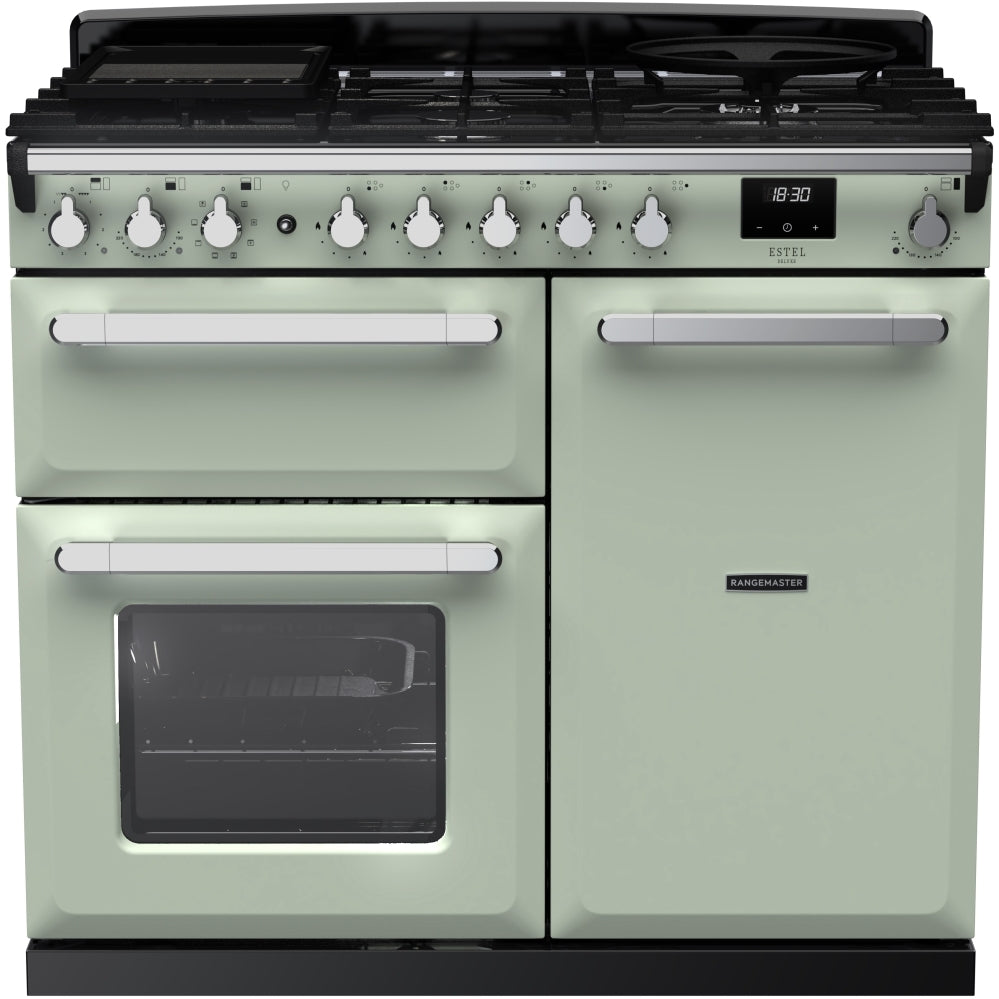 Rangemaster Estel Deluxe ESDL100DFPMNT/CM1 100cm wide Dual Fuel Range Cooker with Gas Hob - Mint / Chrome