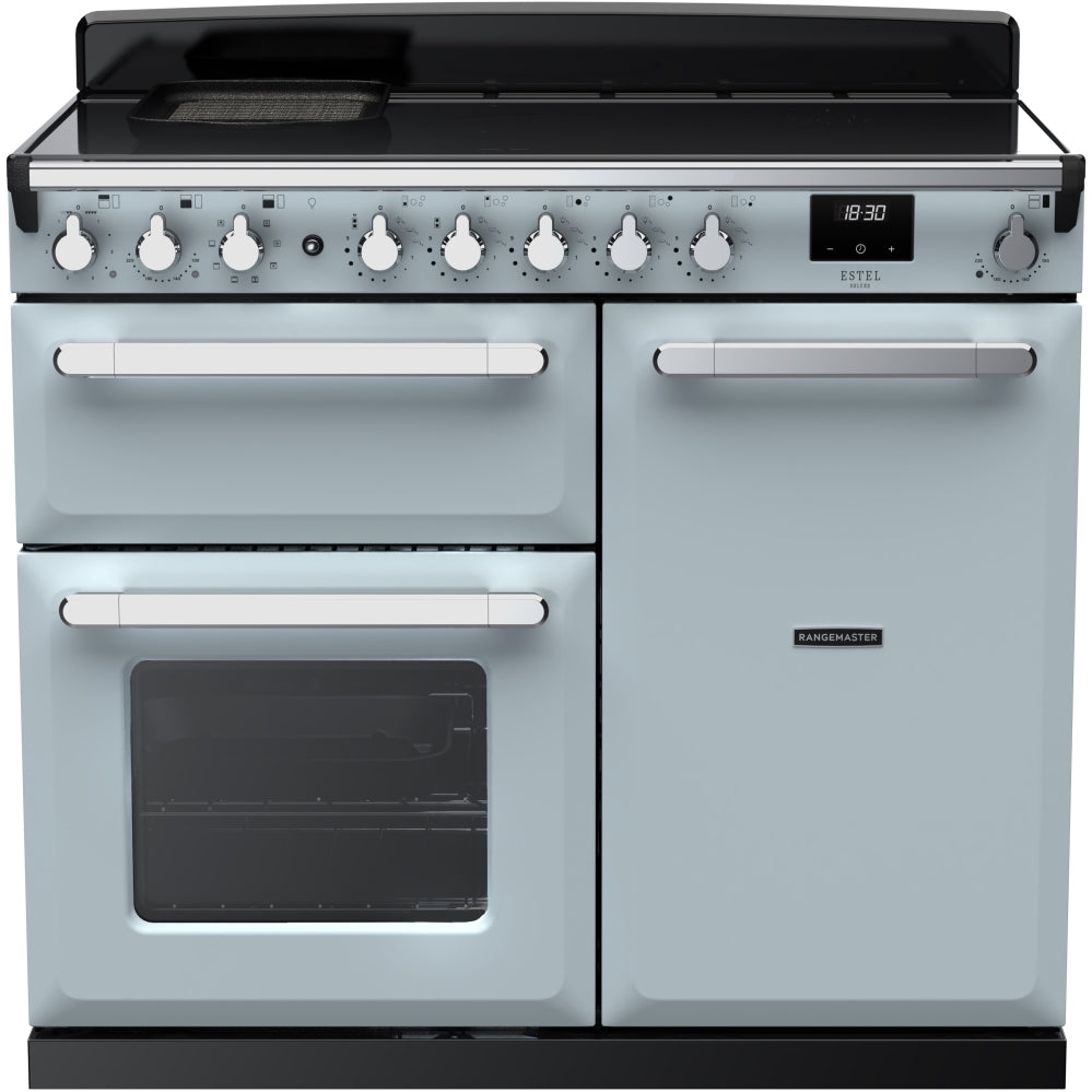 Rangemaster Estel Deluxe ESDL100EIPMSB/CM1 100cm wide Electric Range Cooker with Induction Hob - Misty Blue / Chrome