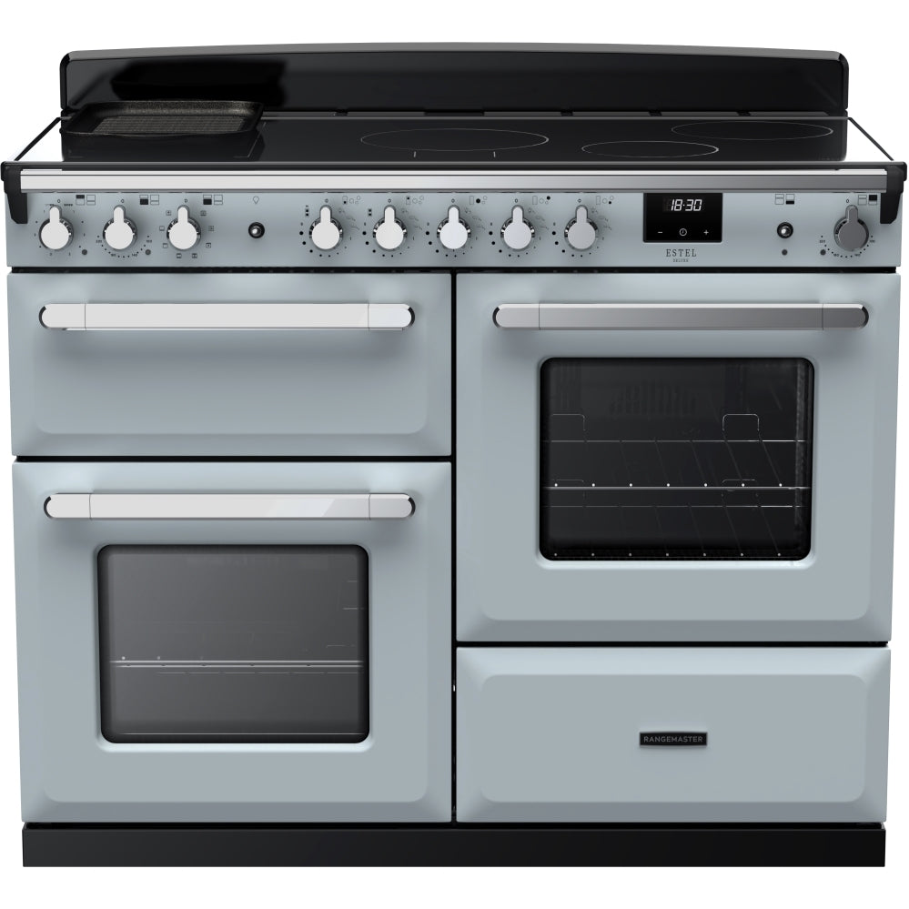 Rangemaster Estel Deluxe ESDLO110EIPMSB/CM1 110cm wide Electric Range Cooker with Induction Hob - Misty Blue / Chrome