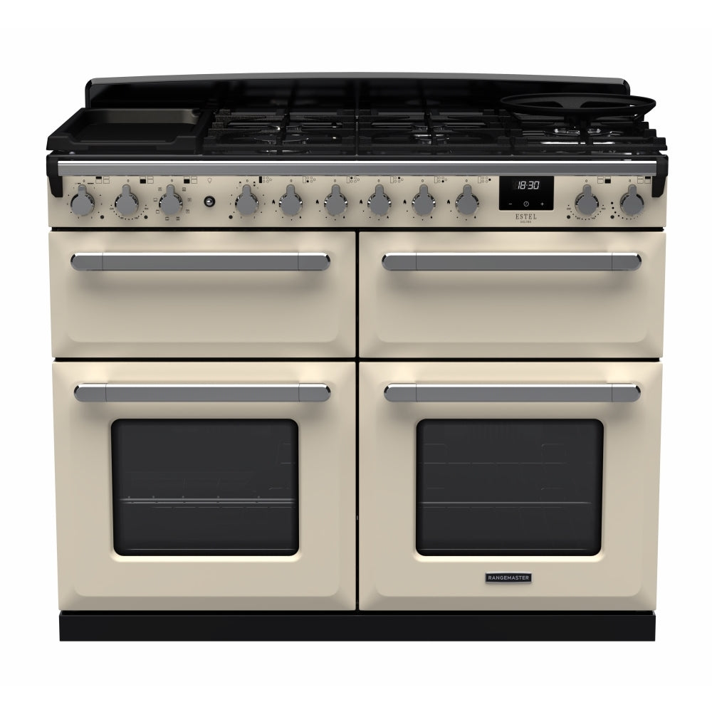 Rangemaster Estel Deluxe ESDLB110DFPPCR/CM1 110cm wide Dual Fuel Range Cooker with Gas Hob - Cream / Chrome