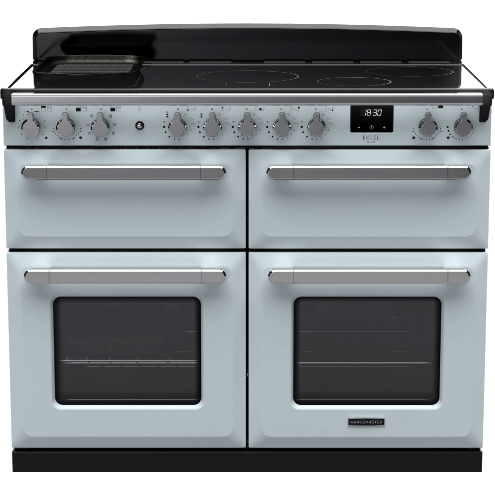 Rangemaster Estel Deluxe ESDLB110EIPMSB/CM1 110cm wide Electric Range Cooker with Induction Hob - Misty Blue / Chrome