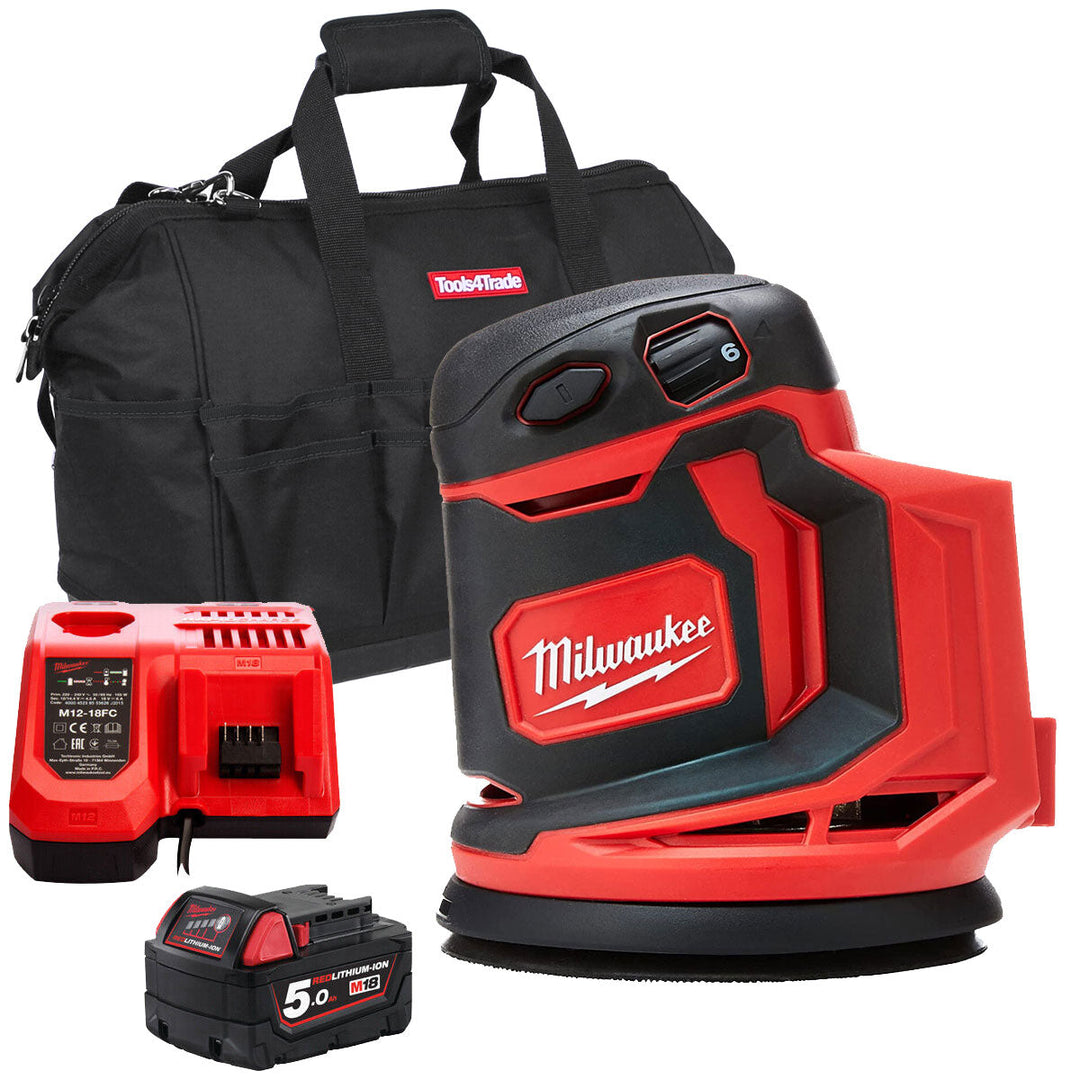 Milwaukee M18BOS125-0 18V 125mm Random Orbital Sander with 1 x 5.0Ah Battery Charger &amp; Bag