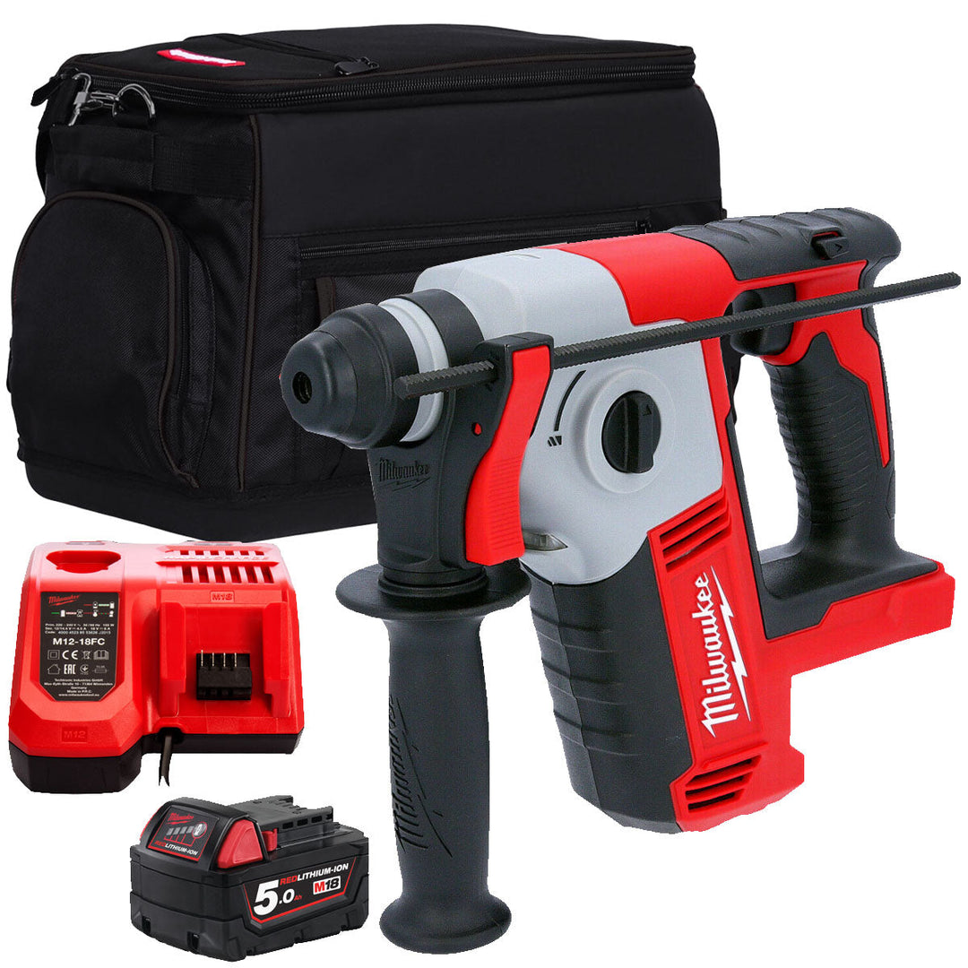 Milwaukee M18 BH-0 18V SDS 2 Mode Hammer Drill with 1 x 5.0Ah Battery Charger & Bag